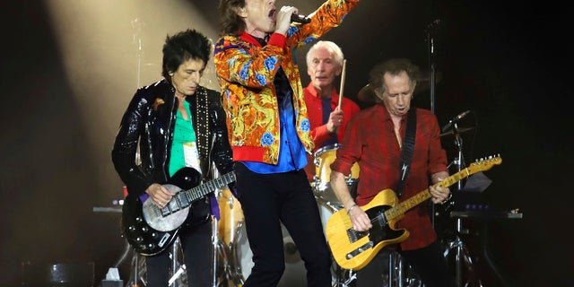 FILE - In this Aug. 5, 2019 file photo, Ronnie Wood, from left, Mick Jagger, Charlie Watts and Keith Richards of The Rolling Stones perform in East Rutherford, N.J. The Rolling Stones are postponing its 15-city North American tour because of the coronavirus. The band announced Tuesday that it's No Filter Tour, originally expected to kick off in San Diego on May 8, will no longer take place.