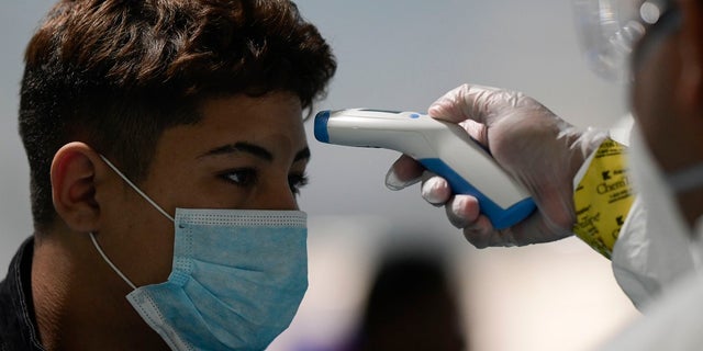 National Guard personnel carry out bio screening on arriving passengers at the Luis Muñoz Marin Airport in an effort to detect and isolate the new coronavirus, in Carolina, Puerto Rico. (AP Photo/Carlos Giusti)