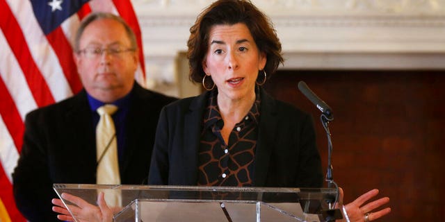 Rhode Island Gov. Gina Raimondo speaks to reporters at the Rhode Island Statehouse, March 22, 2020, in Providence. (Associated Press)