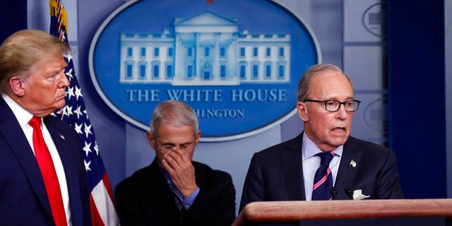 President Donald Trump and Dr. Anthony Fauci, director of the National Institute of Allergy and Infectious Diseases, listen as Larry Kudlow, White House chief economic adviser, speaks about the coronavirus in the James Brady Briefing Room, Tuesday, March 24, 2020, in Washington. (AP Photo/Alex Brandon)