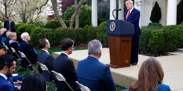 President Donald Trump speaks during a coronavirus task force briefing in the Rose Garden of the White House, Sunday, March 29, 2020, in Washington. (AP Photo/Patrick Semansky)