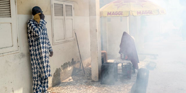 A man uses a cloth to cover his face from the disinfectant being sprayed by a municipal worker in the Grand Market of Dakar, Senegal in an attempt to halt the spread of the new coronavirus Monday, March 30, 2020. The new coronavirus causes mild or moderate symptoms for most people, but for some, especially older adults and people with existing health problems, it can cause more severe illness or death. (AP Photo/Sylvain Cherkaoui)
