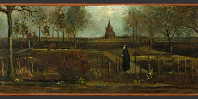This image released by the Gronninger Museum on Monday March 30, 2020, shows Dutch master Vincent van Gogh's painting titled "The Parsonage Garden at Nuenen in Spring." (Groninger Museum via AP Photo)