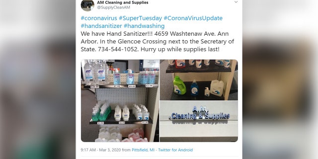 A tweet from A.M. Cleaning & Supplies LLC in Ann Arbor showing on March 3, they supplied hand sanitizer at lower prices.
