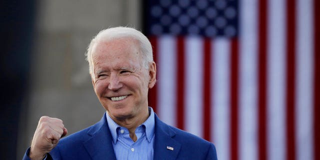 Democratic presidential candidate, former Vice President Joe Biden acknowledges the crowd during a campaign rally Saturday, March 7, 2020, in Kansas City, Mo. (AP Photo/Charlie Riedel)