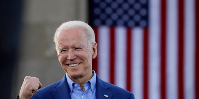 Democratic presidential candidate, former Vice President Joe Biden acknowledges the crowd during a campaign rally Saturday, March 7, 2020, in Kansas City, Mo. (AP Photo/Charlie Riedel)