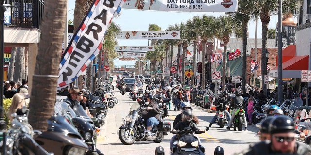 Bikers fill Main Street during Bike Week in Daytona Beach on Saturday, March 7, 2020. (Stephen M. Dowell/Orlando Sentinel via AP)