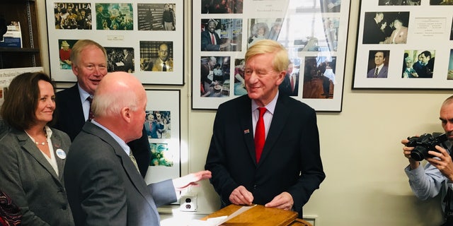 Former Massachusetts Gov. Bill Weld - a 2020 GOP presidential primary challenger - files to place his name on New Hampshire's primary ballot - in Concord, NH in Nov. 2019.