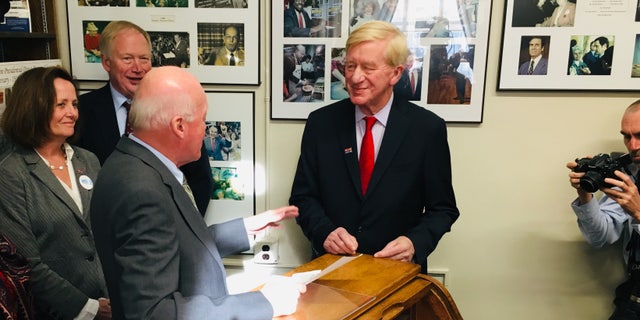 Former Massachusetts Gov. Bill Weld - a 2020 GOP presidential primary challenger - files to place his name on New Hampshire's primary ballot - in Concord, NH in Nov. 2019.
