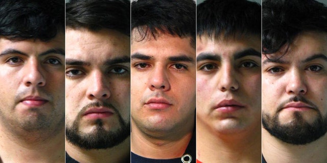 Mug shots for William Jesus Medel-Perez, 23; Amaro Valentino Rosas Rosas, 23; Juan Antonio Hernadez Rosas, 25; Bayron Felipe Cruz Palta, 26; and Fabian Lopez Catalan, 20, charged with burglarizing affluent homes in New York after entering the U.S. on 90-day ESTA Visas.<br>
.  