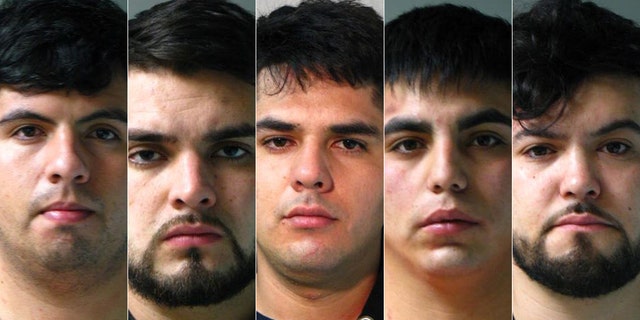 Mug shots for William Jesus Medel-Perez, 23; Amaro Valentino Rosas Rosas, 23; Juan Antonio Hernadez Rosas, 25; Bayron Felipe Cruz Palta, 26; and Fabian Lopez Catalan, 20, charged with burglarizing affluent homes in New York after entering the U.S. on 90-day ESTA Visas.<br>
.  