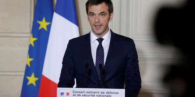 French Health Minister Olivier Véran speaking at a news briefing in Paris on Sunday. (Pascal Rossignol/Pool via AP)