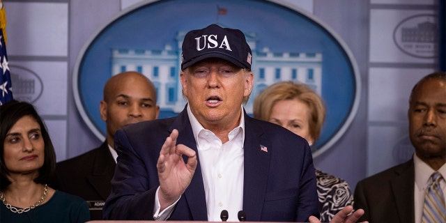 President Donald Trump speaks during a news conference about the coronavirus in the James Brady Briefing Room at the White House, Saturday, March 14, 2020, in Washington. (AP Photo/Alex Brandon)