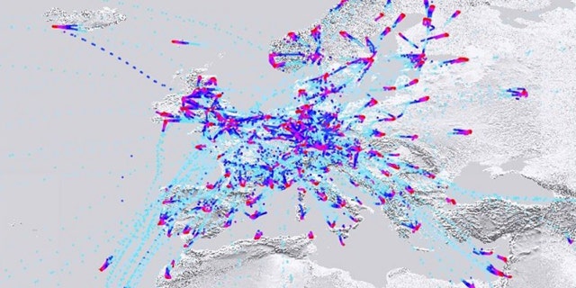 Imagery showing the density in aircraft at different altitudes in Europe on March 2, 2020. Red indicates low altitudes.