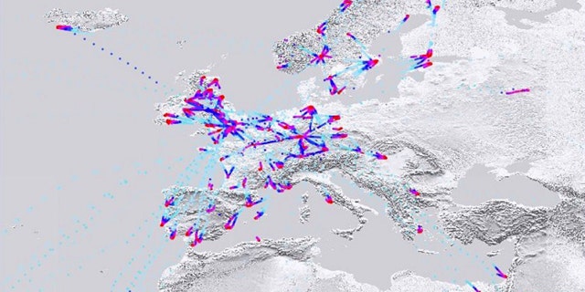 Imagery showing the density in aircraft at different altitudes in Europe on March 23, 2020. Red indicates low altitudes. A noted reduction in flights can be seen over Italy.