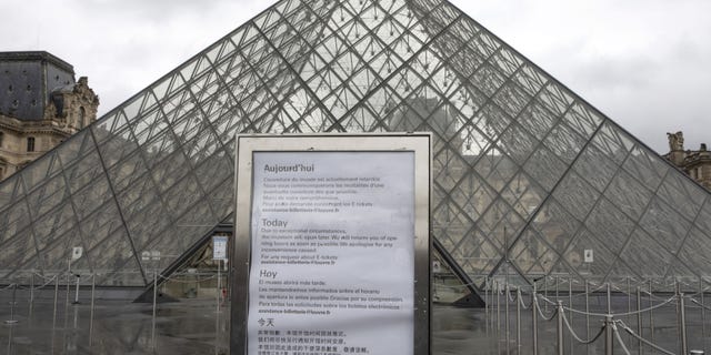 A sign advising of the closure of the Louvre Museum displayed outside the worl-famous museum on March 2.