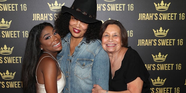Jirah Mayweather, left, Josie Harris, center and Elsie Harris attend Jirah Mayweather'sSweet 16 Birthday Party at Hyatt In Valencia, Calif., on June 20, 2019.
