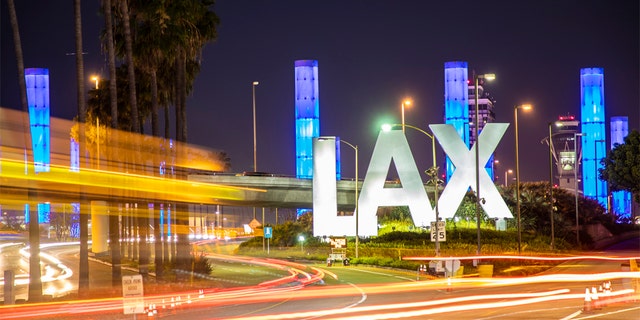 An editorial stock photo of the Los Angeles International airport (LAX) sign in Los Angeles, California.
