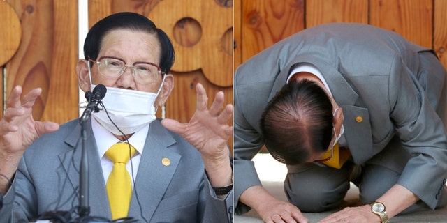Lee Man-hee, a leader of Shincheonji Church of Jesus, bows during the press conference in Gapyeong, South Korea, Monday, March 2, 2020. In the hastily arranged news conference Lee, the 88-year-old leader of a religious sect which has the country’s largest cluster of infections, bowed down on the ground twice and apologized for causing the "unintentional" spread of the disease. (Kim Ju-sung/Yonhap via AP)