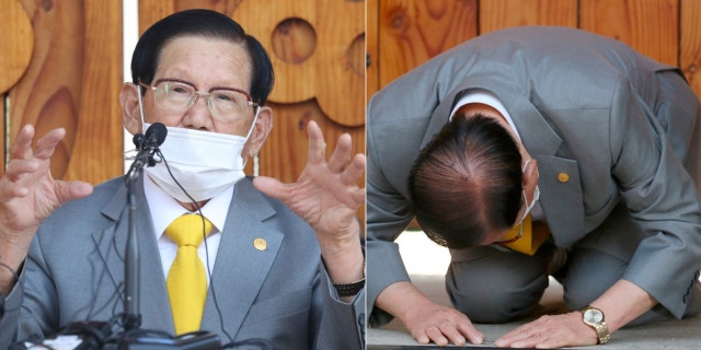 Lee Man-hee, a leader of Shincheonji Church of Jesus, bows during the press conference in Gapyeong, South Korea, Monday, March 2, 2020. In the hastily arranged news conference Lee, the 88-year-old leader of a religious sect which has the country’s largest cluster of infections, bowed down on the ground twice and apologized for causing the “unintentional” spread of the disease. (Kim Ju-sung/Yonhap via AP)
