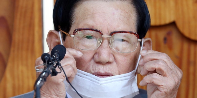 Lee Man-hee, a leader of Shincheonji Church of Jesus, attends at a press conference in Gapyeong, South Korea, Monday, March 2, 2020. (Kim Ju-sung/Yonhap via AP)