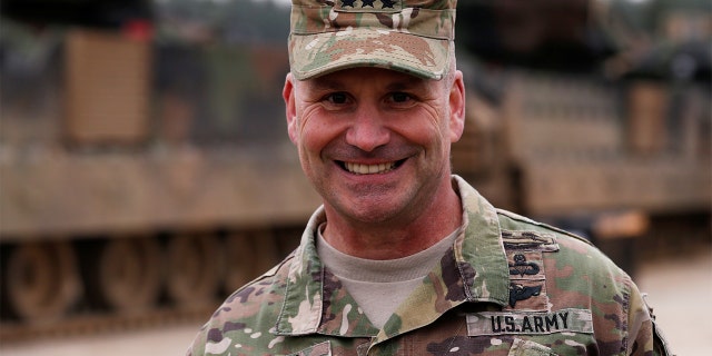 U.S. Army Europe Commander Christopher Cavoli smiles during a media briefing after deployment of U.S. troops from 2nd Armored Brigade Combat Team, 1st Armored Division for military exercises in Drawsko Pomorskie training area, Poland March 21, 2019. REUTERS/Kacper Pempel