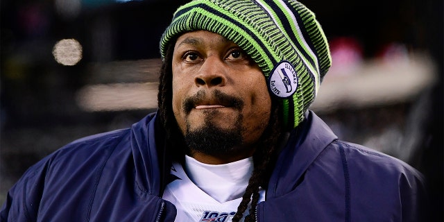 Marshawn Lynch of the Seattle Seahawks looks on against the Philadelphia Eagles in the NFC Wild Card Playoff game at Lincoln Financial Field on January 05, 2020 in Philadelphia, Pennsylvania.