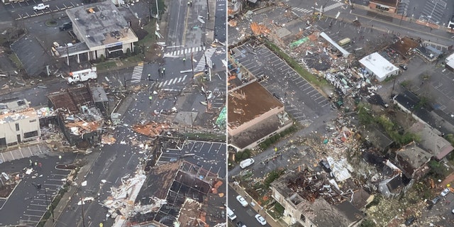 skador efter tornado slet genom Nashville, sett från en Metro Nashville Police Department polishelikopter den 3 mars 2020.