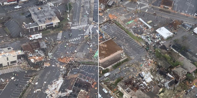 Damage after the tornado tore through Nashville, as seen from a Metro Nashville Police Department police helicopter.