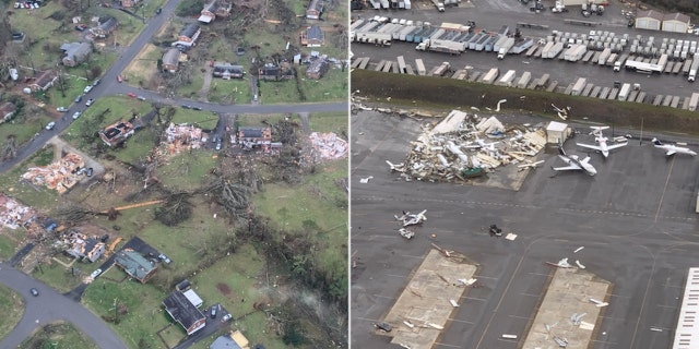 Damage after the tornado tore through Nashville, as seen from a Metro Nashville Police Department police helicopter.