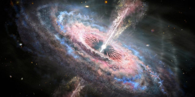 An illustration of a distant galaxy with an active quasar at its center.