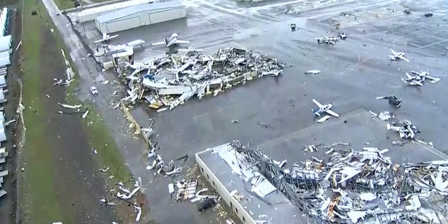 Planes can be seen overturned at John C. Tune Airport, Nashville International's sister airport in West Nashville, which “sustained significant damage due to severe weather."