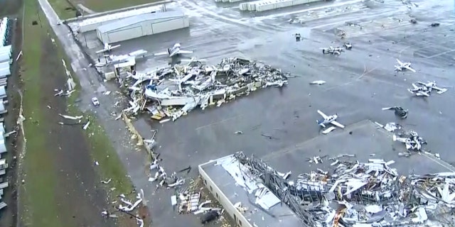 Planes can be seen overturned at John C. Tune Airport, Nashville International's sister airport in West Nashville, which “sustained significant damage due to severe weather."