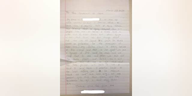 An anonymous letter written by an inmate addressed to Ohio Gov. Mike DeWine, dated March 23, 2020. (Policy Matters Ohio)