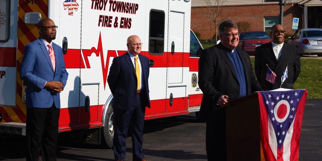 Pastor Paul Lintern of Oakland Lutheran and Southside Christian Church speaks outside the Troy Township Fire Station before joining three other clergy in reading the joint proclamation.