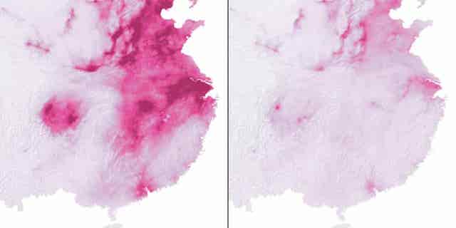 Comparison of pollution levels in China between 2019 and 2020