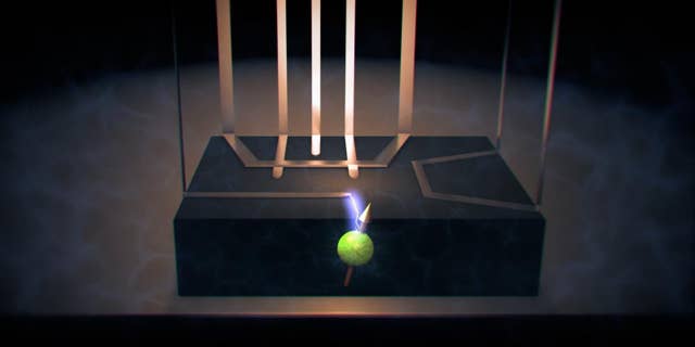 An artist's impression of how a nanometer-scale electrode is used to locally control the quantum state of a single nucleus that is inside a silicon chip.