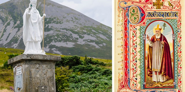 Left Photo: Croagh Patrick, mountain in Westport, Ireland which is subject to an annual pilgrimage every July in honour of Saint Patrick. (iStock) Right photo: llustration of Saint Patrick banning the snakes from Ireland. The first St.Patrick's day celebration took place in 1737 hosted by the Charitable Irish Society of Boston. (Photo by Time Life Pictures/The LIFE Picture Collection via Getty Images)