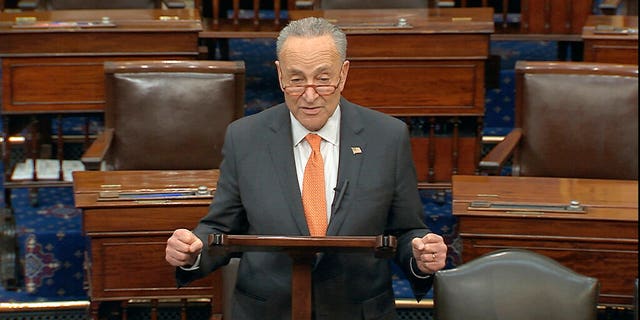 In this image from video, Senate Minority Leader Chuck Schumer, D-N.Y., speaks on the Senate floor at the U.S. Capitol in Washington, Saturday, March 21, 2020. (Senate Television via AP)