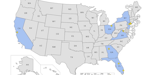 The above map, created by the TSA, shows the location of airports where officers tested positive for COVID-19 as of March 23.