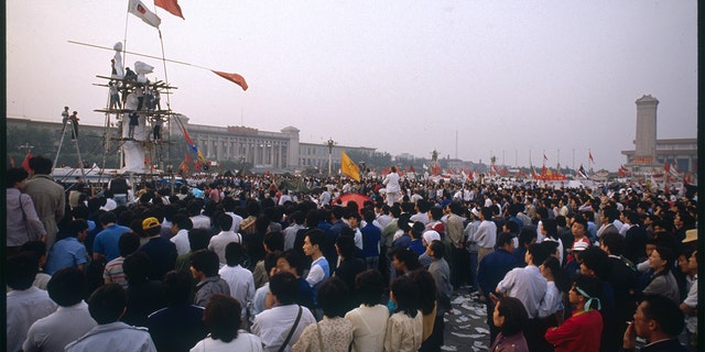 Students erect a statue called the Goddess of Democracy in Beijing's Tiananmen Square in the spring of 1989.