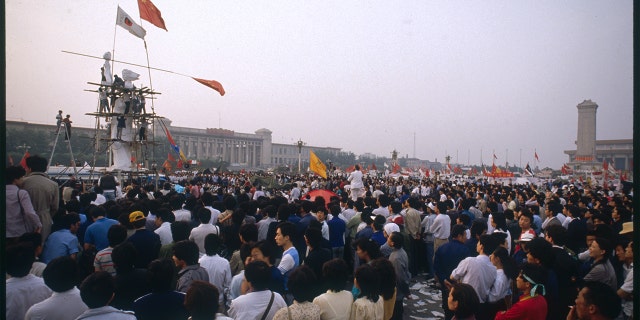 Students erect a statue called the Goddess of Democracy in Beijing's Tiananmen Square in the spring of 1989.