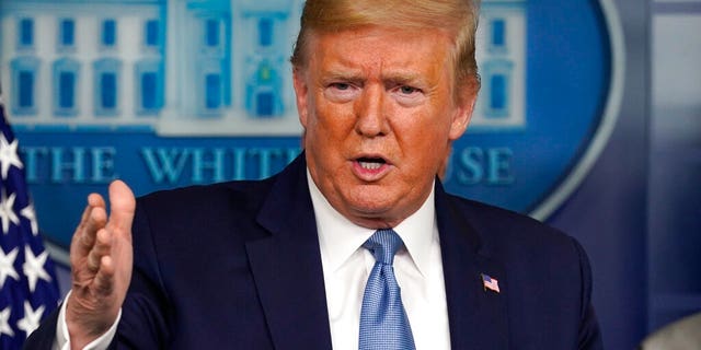 President Donald Trump speaks during a press briefing with the coronavirus task force, in the Brady press briefing room at the White House, Monday, March 16, 2020, in Washington.