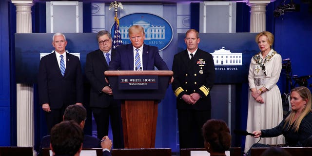 President Donald Trump speaks about the coronavirus in the James Brady Briefing Room, Monday, March 23, 2020, in Washington. (AP Photo/Alex Brandon)