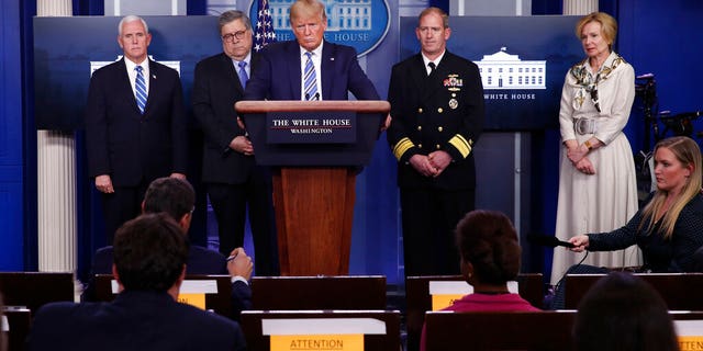 President Donald Trump speaks about the coronavirus in the James Brady Briefing Room, Monday, March 23, 2020, in Washington. (AP Photo/Alex Brandon)