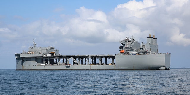 The Military Sealift Command expeditionary sea base USNS Hershel 'Woody' Williams (ESB 4) is at anchor in the Chesapeake Bay, Sept. 15, 2019 during mine countermeasure equipment testing. (U.S. Navy photo by Bill Mesta/Released)
