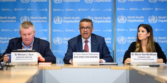 (From L) World Health Organization (WHO) Health Emergencies Programme Director Michael Ryan, WHO Director-General Tedros Adhanom Ghebreyesus and WHO Technical Lead Maria Van Kerkhove attend attend a daily press briefing on COVID-19 at the WHO headquarters on March 6, 2020 in Geneva.  (Photo by FABRICE COFFRINI/AFP via Getty Images)