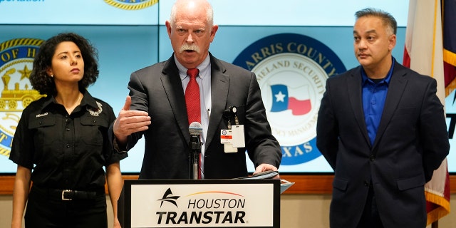Harris County Judge Lina Hidalgo, left, and Dr. Umair Shah, executive director of Harris County Public Health, listen as Dr. David Persse, Houston Health Department, center, speaks Thursday, March 5, 2020 about the coronavirus to the media at Harris County Office of Homeland Security and Emergency Management.