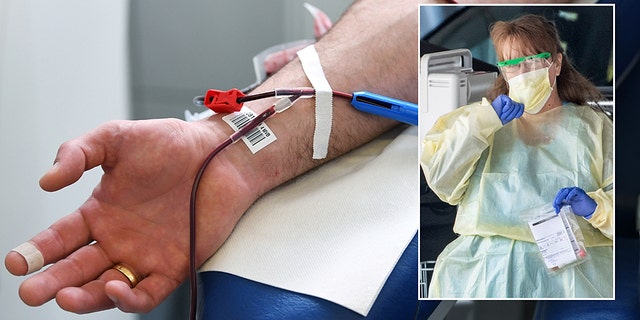 A man donates blood at the blood donation center of the Bavarian Red Cross (BRK), as the organization is concerned that people might stop donating the blood due to the coronavirus disease (COVID-19), in Munich, Germany.