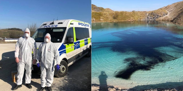 Police, wearing protective suits, have added black dye to this blue lagoon in England to deter people from gathering to take photos.